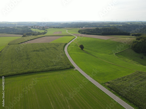 Aerial view of a landscape with agriculture fields, a road and trees in summer 