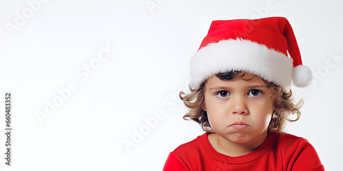 Portrait of cute little boy celebrating Christmas wearing Santa Claus hat on white background with copy space