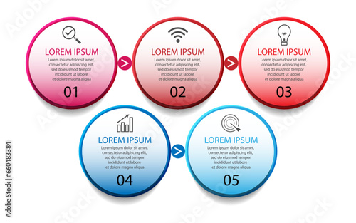 infographic template design, minimalist concept, interconnected circles with 5 steps, lines and colors in each step, good for your business presentation