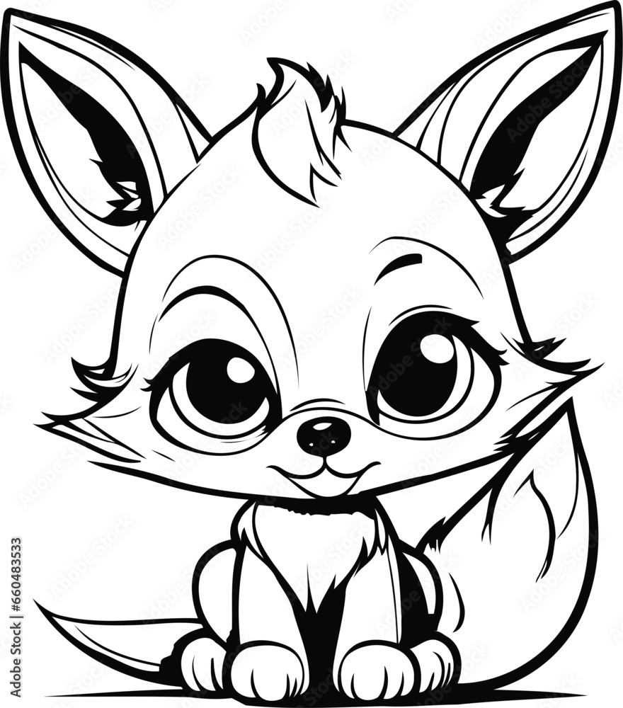 Cute Cartoon Fox   Black and White Vector Illustration. Isolated On White Background
