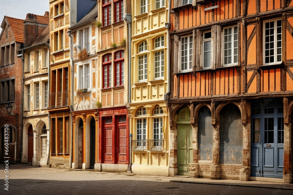 Picturesque facades of historical houses in the charming town of Amiens, located in the Hauts-de-France region of northern France. Generative AI