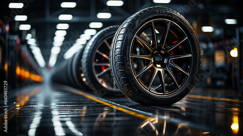 Shiny tires and modern wheels, car parts, Generative AI