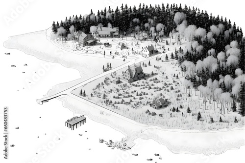 small village along the Coast Salish sea intertidal mudflat coastal wetland landscape architecture axonometric drawing black white fine linework  photo