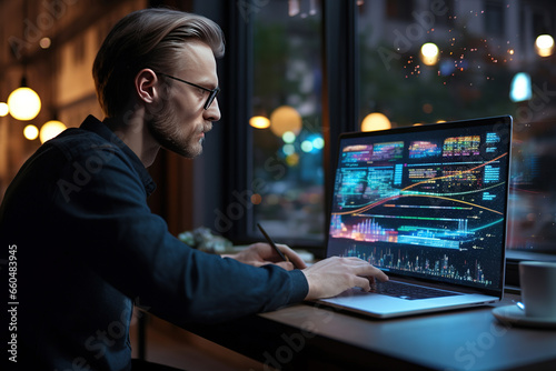 Data scientist, Programmer using laptop analyzing financial data on futuristic virtual interface.