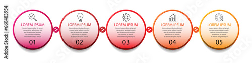 infographic template design, minimalist concept, interconnected circles with 5 steps, lines and colors in each step, good for your business presentation