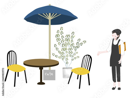 カフェ,オープンカフェ,テーブル,テラス,席,椅子,パラソル,観葉植物,店員,ホールスタッフ,ビアガーデン,ウェイトレス,フードコート,飲食店,レストラン,バー,店内,屋外,座席,日陰,チェア,机,ランチ,朝食,夕食,飲み会,接客,来店,ポストカード,丸テーブル,会食,休憩,食事,飲食,お店,ファミレス,お洒落,座る,かわいい,手描き,客席,ラフタッチ,インテリア,ポップ,ゆるい,装飾,グリーティ
