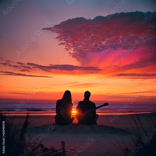kodachrome photo short of young couple sitting hugging on beach watching summer sunset with guitar next to them viewed from behind silhouettes amazing sky 