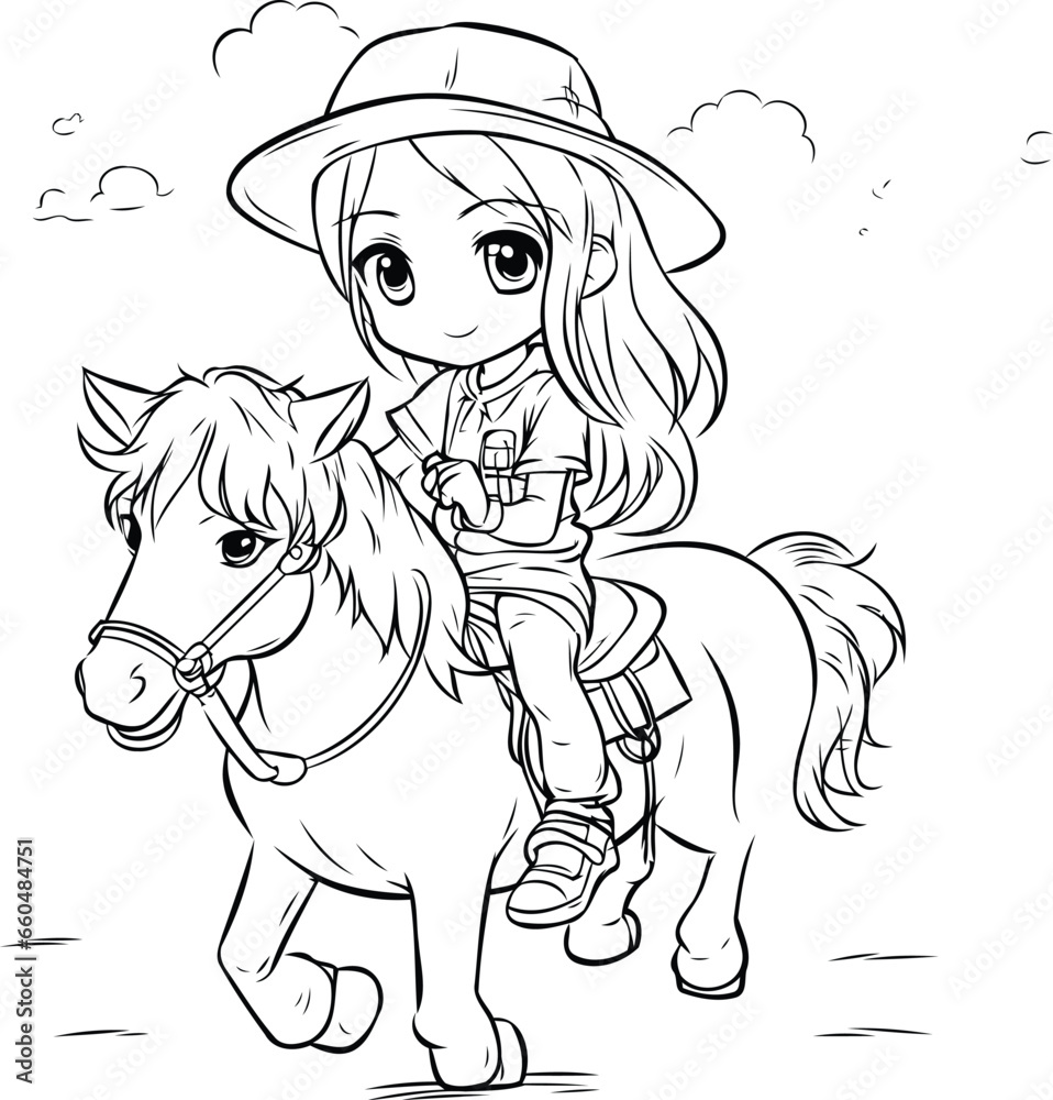 Cute cartoon girl riding a horse. Vector illustration for coloring book.