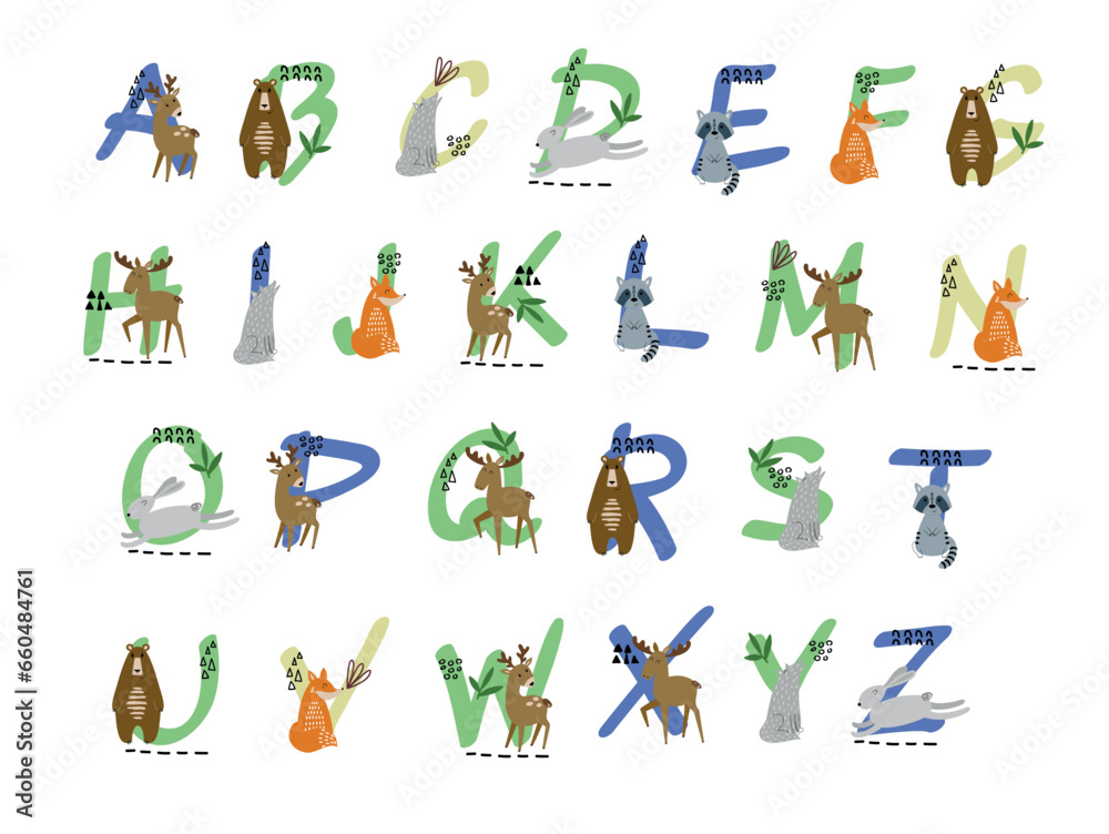 Vector hand drawn alphabet with animals. Cute design for invitations, card, birthday, poster etc. Vector hand drawn alphabet with animals. Cute design for invitations, card, birthday, poster etc.