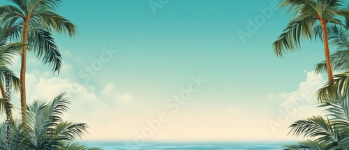 Summer sandy beach with palms and tropical sea view. empty space for product display, advertistment, copy space for text. summer party banner, greeting card concept 