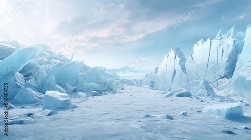 3d glacier scene design with cracked and exploded ice. Blank background suitable for displaying icy product