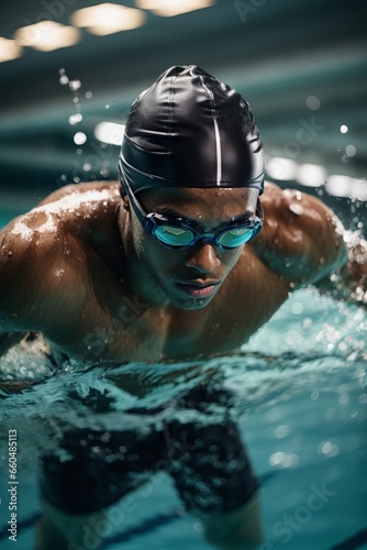 Close up of a handsome African American man wearing a swimming cap and glasses swimming in the pool in the evening or at night