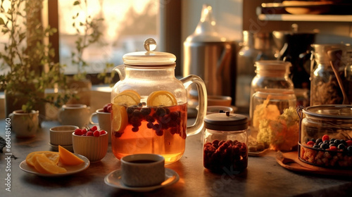 spices and herbs in glass teapot