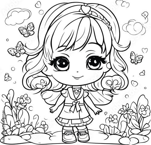 Cute little fairy in the garden. Coloring book for children.