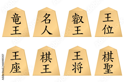 将棋の8大タイトル。竜王、名人、叡王、棋王、王将、王位、王座、棋聖の名前が入った将棋の駒。