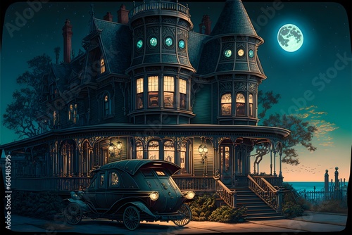 nuclearpowered tallstructured heavy car in front of tall cybersteamcoalpunk victorianstyle cottage strange figures and shapes in lighted windows color moonlight balcony porch steamtype gaslight post  photo