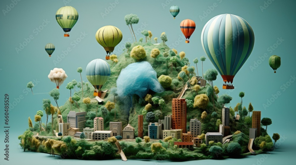 Fototapeta premium Green earth with buildings, trees and balloons