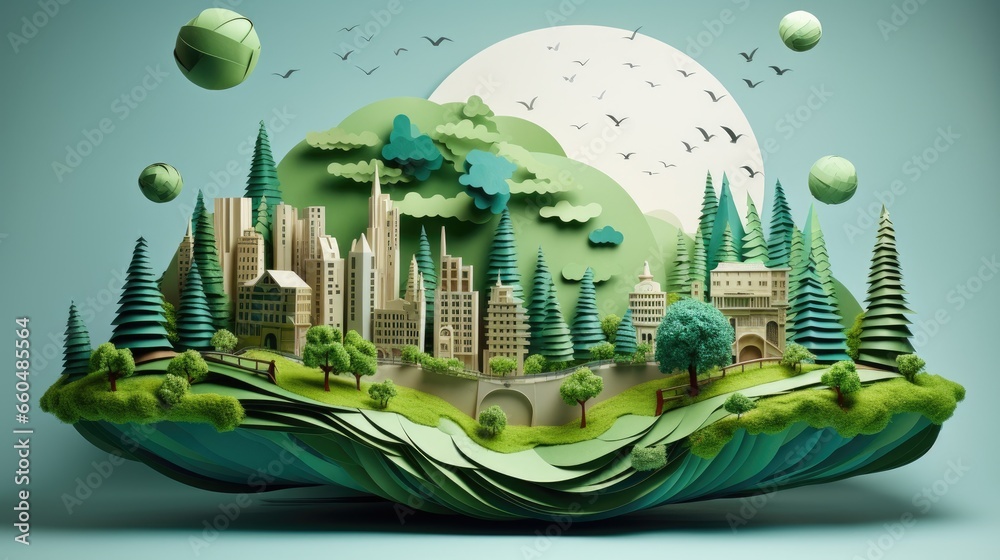 Green planet earth with buildings, trees and houses