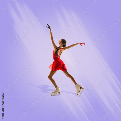 Elegant teen girl, beautiful dancer making performance. Figure skating activity. Creative design. Concept of winter sport, art, choreography, performance. Poster, ad