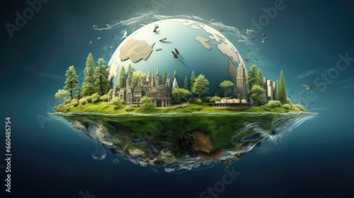 landscape with planet earth in water with buildings © Ali