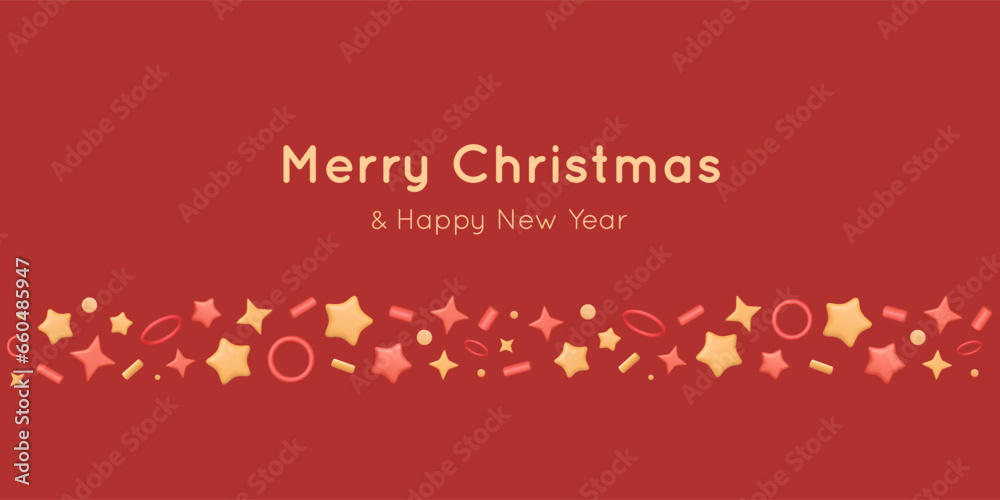 Banner with 3d vector stars, stick, circle. Confetti render elements in border pattern. Yellow and red colors, birthday, Christmas and New Year background, holiday template for invitation, greeting.