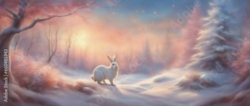 White hare in the winter forest. Generative AI.