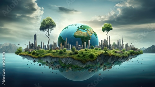 Paper planet with trees and buildings in the background