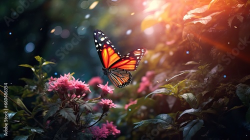 A beautiful butterfly gracefully soars over vibrant flowers and plants, encapsulating the serene elegance of nature's ballet. Generative AI.