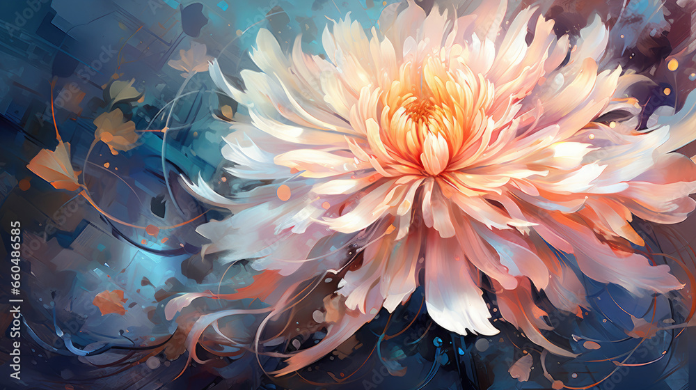 a painting of a large white flower on a blue background. Acrylic Painting of a Peach color flower, Perfect for Wall Art. a painting of a large white flower on a blue background. Acrylic Painting of a Peach color flower, Perfect for Wall Art.