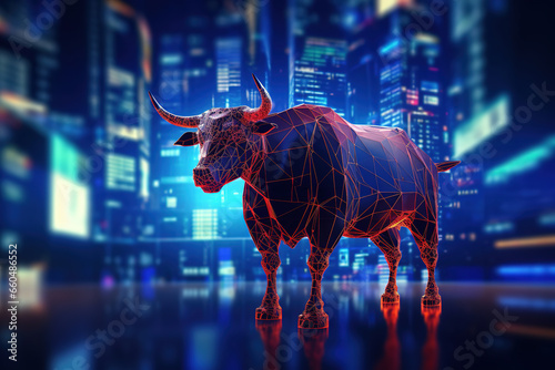Bull and stock market graph in blue, digital technology and futuristic style. © arhendrix