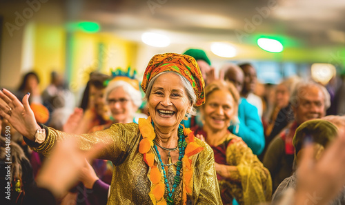 Big Family Celebrating Diwali Indian Family elderly in Traditional Clothes Gathered Together dancing having fun. Indian Moment of Happiness on a Hindu Holiday