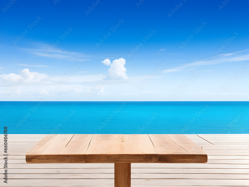 Wooden table on the background of the sea, island and the blue sky. Background with copy space for product display