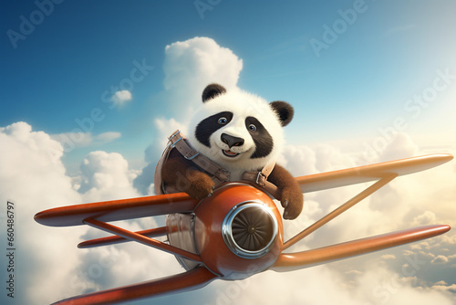 cute panda flying by plane in the sky 3d rendering © Salawati