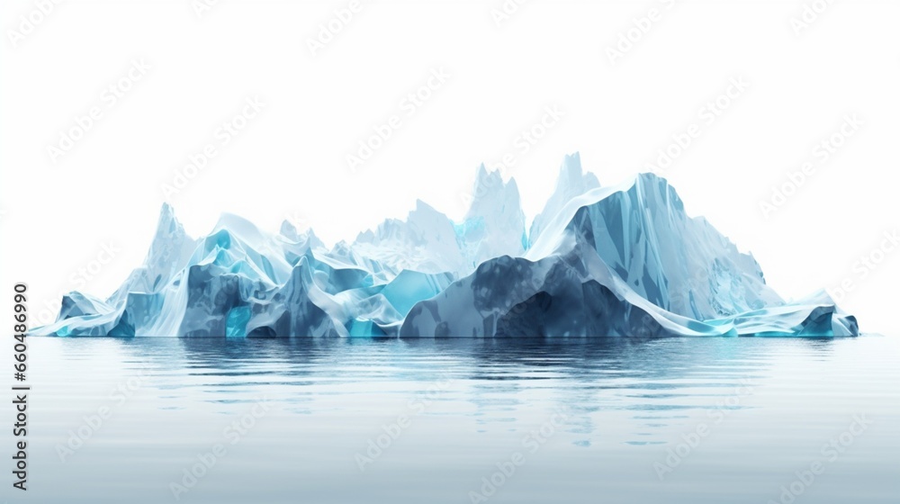 Design of a 3D glacier landscape with an iceberg floating in the water. A white background that can be used to display an icy product