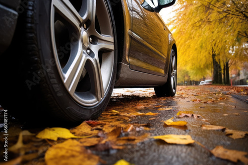 Car with winter tires on a street with autumn leaves © Jürgen Fälchle