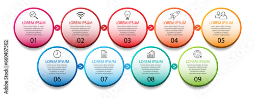 infographic template design, minimalist concept, interconnected circles with 9 steps, lines and colors in each step, good for your business presentation