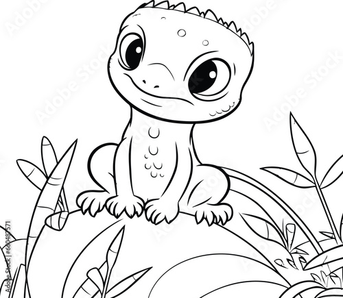 Cute little lizard sitting on the grass. Coloring book for kids. © Waqar