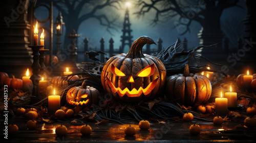 Generative ai illustration of Halloween pumpkin head jack lantern