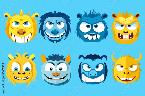 A collection of funny monsters or animals. A set of cute fantasy or fairy tale creatures. Cartoon characters isolated on background. Bright color children vector illustration in flat style