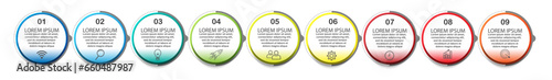 infographic template design, minimalist concept, interconnected circles with 9 steps, lines and colors in each step, good for your business presentation