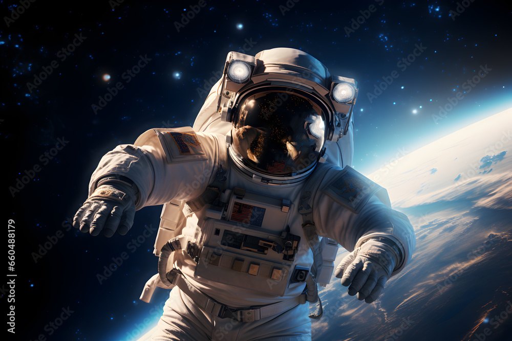 Illustration of an astronaut flying in interstellar space. Spacesuit with a helmet. Cosmonaut galactic discovery and explore mission Illustration of an astronaut flying in interstellar space. Spacesuit with a helmet. Cosmonaut galactic discovery and explore mission