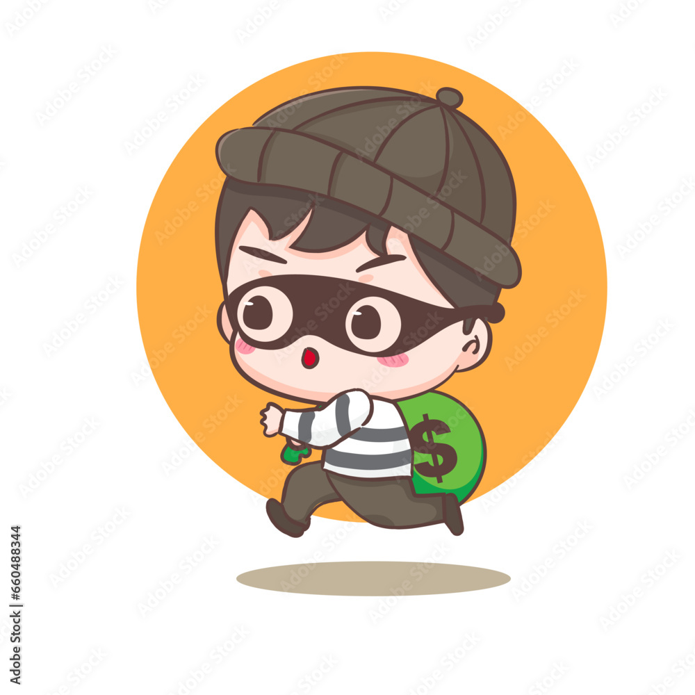 Cute thief stealing money cartoon character. Robber concept design isolated background. Adorable chibi vector art illustration. Cute thief stealing money cartoon character. Robber concept design isolated background. Adorable chibi vector art illustration.