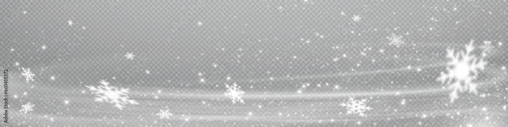 Snow and snowflakes on transparent background.  Winter snowfall effect of falling white snow flakes and shining, New Year snowstorm or blizzard realistic backdrop. Christmas or Xmas holidays. - obrazy, fototapety, plakaty 