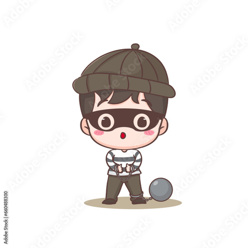 Cute thief in handcuffs cartoon character. Robber concept design isolated background. Adorable chibi vector art illustration.