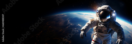 Illustration of an astronaut flying in interstellar space. Cosmonaut in spacesuit with a helmet. Empty place for text and design