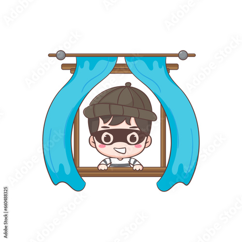 Cute thief enter the window cartoon character. Robber concept design isolated background. Adorable chibi vector art illustration.