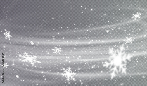 Snow and snowflakes on transparent background.  Winter snowfall effect of falling white snow flakes and shining, New Year snowstorm or blizzard realistic backdrop. Christmas or Xmas holidays.