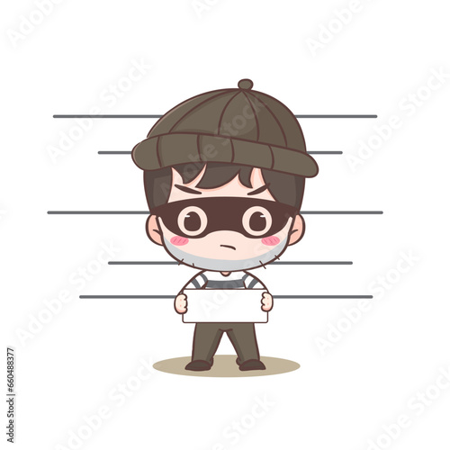 Cute thief suspect holding board cartoon character. Robber concept design isolated background. Adorable chibi vector art illustration.