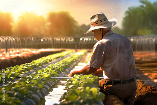 A farmer watching the drip irrigation process with plants being watered in the background photo