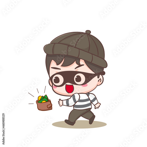 Cute thief stealing money and wallet cartoon character. Robber concept design isolated background. Adorable chibi vector art illustration.